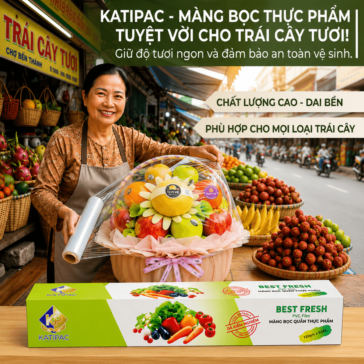 MÀNG BỌC THỰC PHẨM TÁO XANH 12"50FT BEST FRESH KATIPAC HỘP NHỎ 8 MÀNG BỌC THỰC PHẨM TÁO XANH